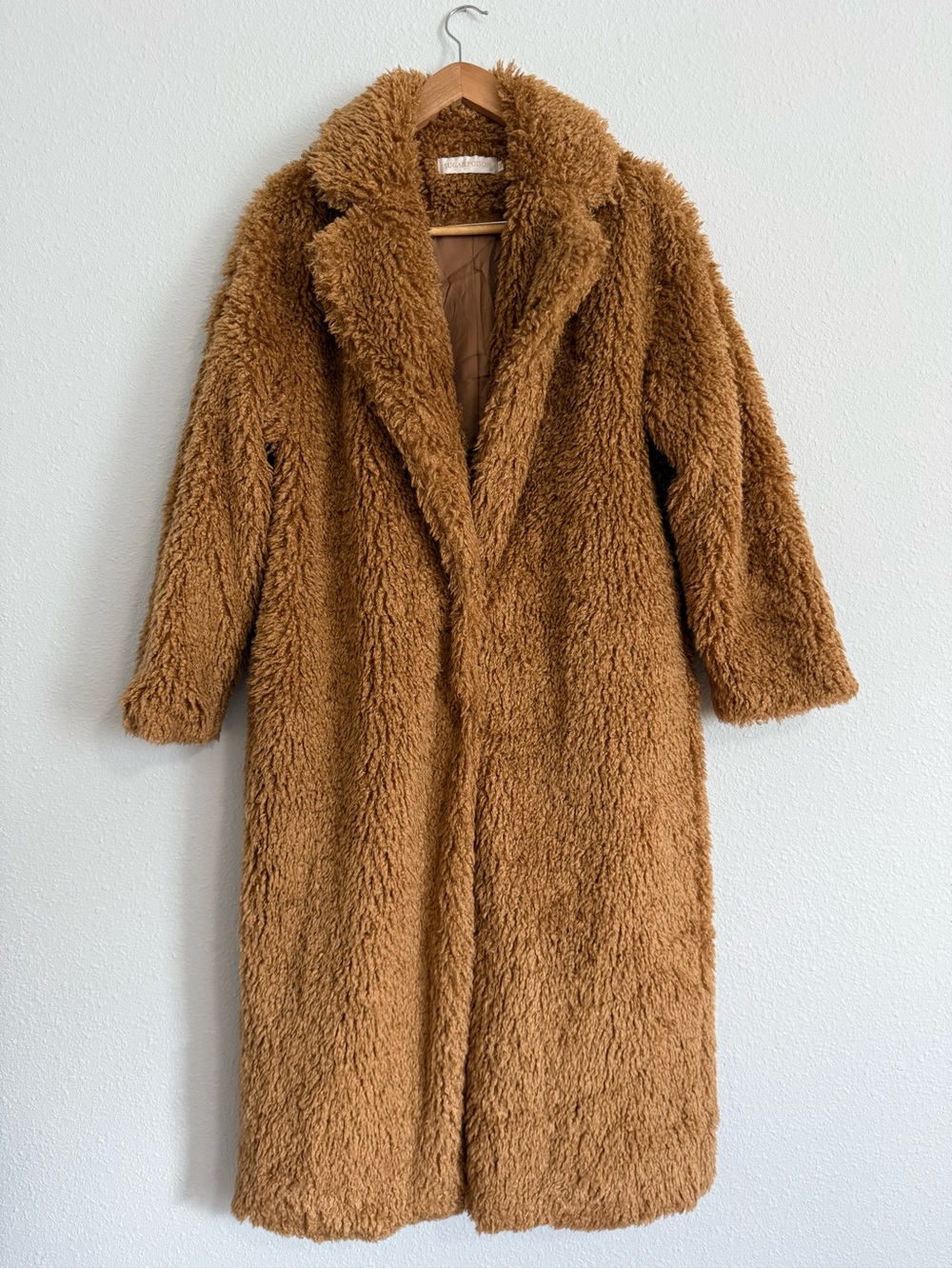 Sugar Poison Long Faux-Shearling Coat in Camel Size Medium